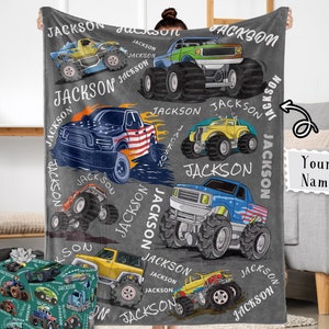 Personalized Monster Trucks Blankets,Boys Truck Blanket,Customized Baby Name Blanket,Monster Trucks Wrapping Paper,Birthday Gift For Kids