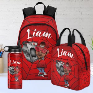 May include: Red and black backpack, lunch bag, and water bottle set with a cartoon character wearing sunglasses and a red hat. The set is personalized with the name "Liam".