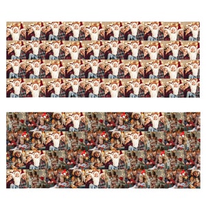 May include: A collage of photos featuring a family celebrating Christmas. The photos show a family of four, including two children, wearing Santa hats and smiling. The photos are arranged in a grid pattern and are set against a background of Christmas lights and decorations.