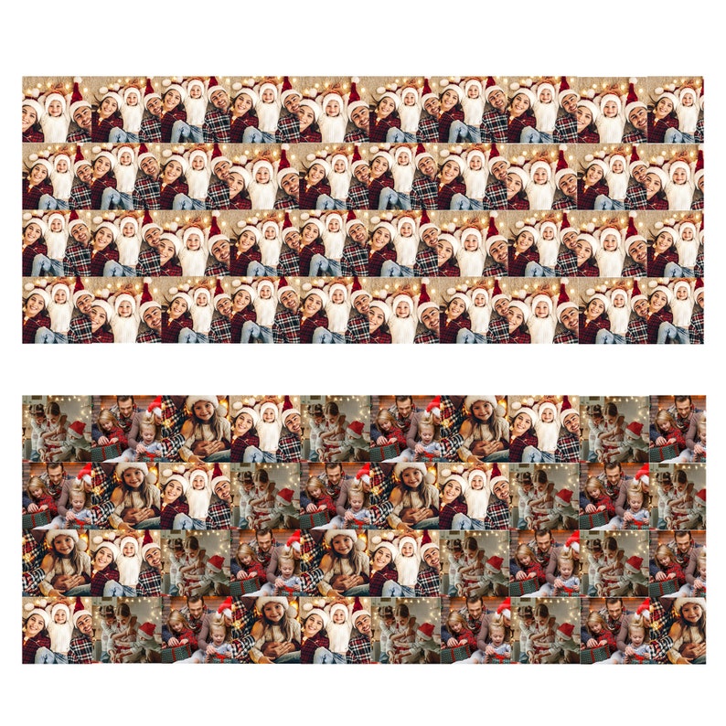 May include: A collage of photos featuring a family celebrating Christmas. The photos show a family of four, including two children, wearing Santa hats and smiling. The photos are arranged in a grid pattern and are set against a background of Christmas lights and decorations.