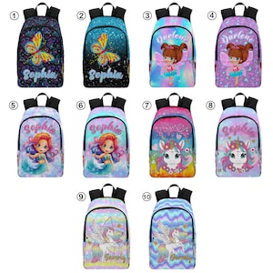 May include: Ten different colorful backpacks with various designs. Some backpacks feature a unicorn, a mermaid, a butterfly, and a fairy. The backpacks have names like Sophia, Darlene, and Beverly.