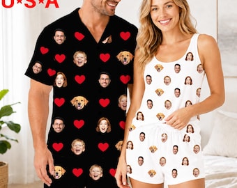 Custom Heart Printed Sleepwear with Photo, Personalized Face Pajamas Set, Photo Short Sleeve PJS