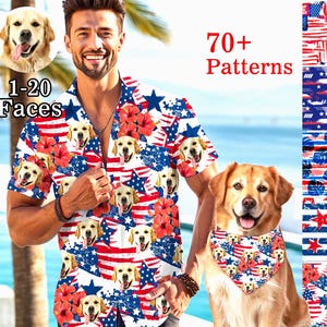 May include: A short-sleeved shirt and dog bandana featuring a patriotic design with red, white, and blue stars, stripes, and floral accents. The shirt has a pattern of golden retriever faces. The image also includes the text "70+ Patterns" and "1-20 Faces".