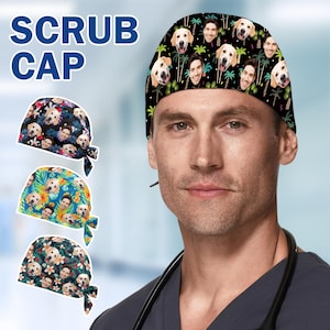 May include: Scrub caps with custom designs. The image shows three scrub caps with different patterns. One cap has a black background with images of a dog, a person, and palm trees. The other two caps have floral and tropical patterns. The text "SCRUB CAP" is at the top.