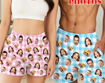 Custom Face Plaid Pajamas Shorts,Personalized Family Plaid Short PJS,Birthdays/Holidays/Weddings Gift