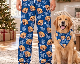 May include: Blue pajama pants and a matching dog bandana featuring a repeating pattern of a golden retriever's face, white paw prints, small hearts, and the text "Aria's Dad" and "Luca's Dad" printed in a white script font.