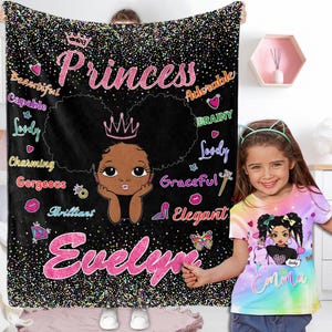 Personalized Black Princess Baby Blanket,Name Blanket for Baby Princess,Custom Afro Girl Gift