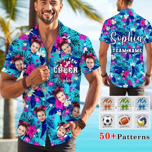 May include: A short-sleeved button-down shirt with a vibrant floral and face pattern in shades of blue, pink, and white. The shirt features the text "YOUR TEAM CHEER Sophia" and the word "Sophia" on the back. The image also shows different sports ball designs.