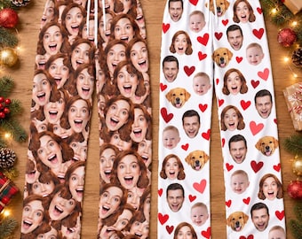 May include: Two pairs of lounge pants featuring custom photo prints. One pair is covered in a collage of faces, while the other pair features a white background with a repeating pattern of faces, golden retriever dogs, and red hearts.