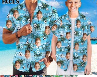 Custom Faces Soccer Hawaiian Family Outfits, Personalized Ball Tropical Shirt for Kids, World Cup 2026 Shirt
