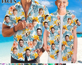 Custom Hawaiian Shirts with Photo/Logo/Face, Personalized Print HawaiianShirt,Men's Tropical ButtonDown,Bachelorette Party/Father's Day Gift