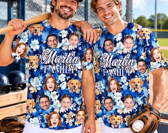May include: A button-down baseball jersey featuring a blue floral pattern with repeating custom faces of people and golden retriever dogs. The text "Martin FAMILY" is printed in white script and block letters across the center of the shirt.
