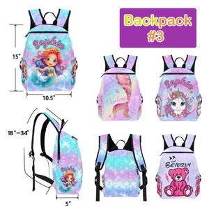 May include: A set of three colorful backpacks with different designs. The backpacks feature a mermaid, a unicorn, and a teddy bear. The backpacks are 15 inches tall and 10.5 inches wide. The backpacks have adjustable straps and a zipper closure.