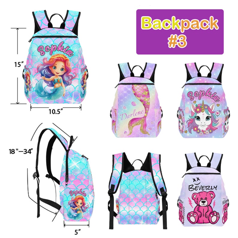 May include: A set of three colorful backpacks with different designs. The backpacks feature a mermaid, a unicorn, and a teddy bear. The backpacks are 15 inches tall and 10.5 inches wide. The backpacks have adjustable straps and a zipper closure.