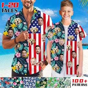 Könnte beinhalten: Zwei kurzärmelige Button-Down-Hemden. Ein Hemd zeigt ein amerikanisches Flaggenmuster mit Gesichtern, das andere ein tropisches Blumenmuster mit Gesichtern. Die Hemden haben den Text "1-20 FACES" und "100+ PATTERNS".