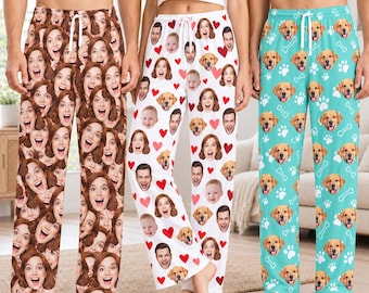 May include: Three pairs of lounge pants featuring custom photo prints. The left pair shows a repeating pattern of a woman's face. The middle pair displays a mix of faces and red hearts on white fabric. The right pair features golden retriever faces and white paw prints on teal fabric.