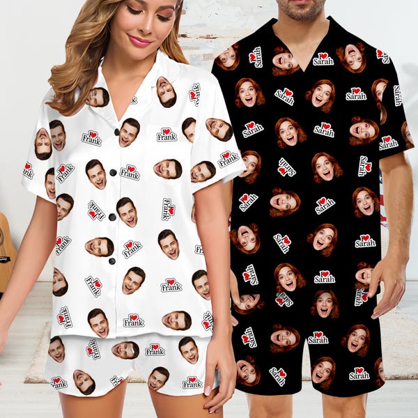 Pijama personalizado con cara y corazón, pijama personalizado para parejas con foto, regalo para mamá/papá.