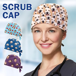 May include: Scrub caps with various patterns. One cap features a collage of smiling golden retriever faces. Other caps display custom faces and hearts on a light blue background, dog faces on a blue background, and custom faces on a purple background. The words "SCRUB CAP" are in blue.