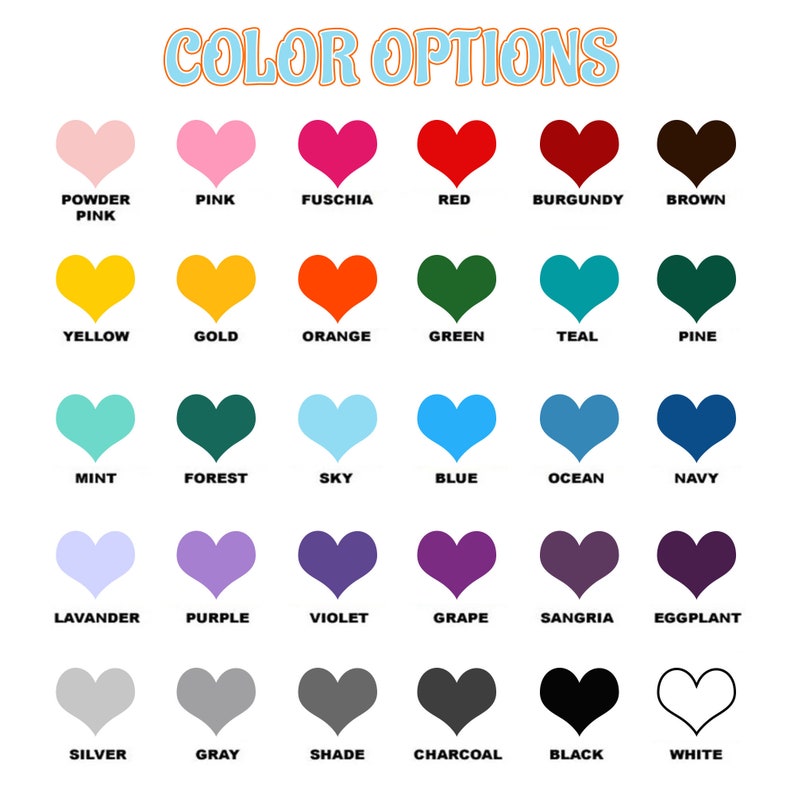 Pu&ograve; includere: Un grafico che mostra le opzioni di colore, con 28 forme di cuore in vari colori. Ogni cuore ha un nome di colore sotto, tra cui Rosa Cipria, Rosa, Fucsia, Rosso, Borgogna, Marrone, Giallo, Oro, Arancione, Verde, Verde acqua, Pino, Menta, Foresta, Cielo, Blu, Oceano, Blu navy, Lavanda, Viola, Violetto, Uva, Sangria, Melanzana, Argento, Grigio, Ombra, Carbone, Nero e Bianco.