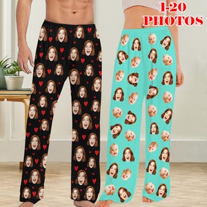 May include: Two pairs of personalized pajama pants. One pair is black with red hearts and faces, the other is turquoise with baby faces. The text "1-20 PHOTOS" is in the upper right corner.
