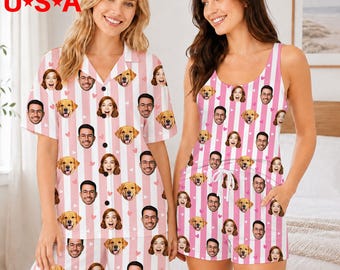 Custom Face Stripe Pajamas, Personalized Photo Sleepwear for Women,Bachelorette Bridesmaid PJS