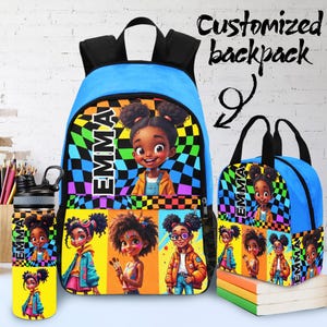 May include: A blue backpack, lunch bag, and water bottle set. Each item features a cartoon illustration of a girl with the name "EMMA" and a colorful checkered pattern. The backpack has black straps and the text "Customized backpack".