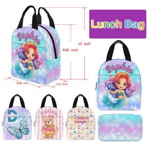 May include: A set of five personalized lunch bags featuring different designs. The bags are all pink and blue with a mermaid, butterfly, teddy bear, and rainbow designs. The bags are 9.65 inches tall and 8.46 inches wide.