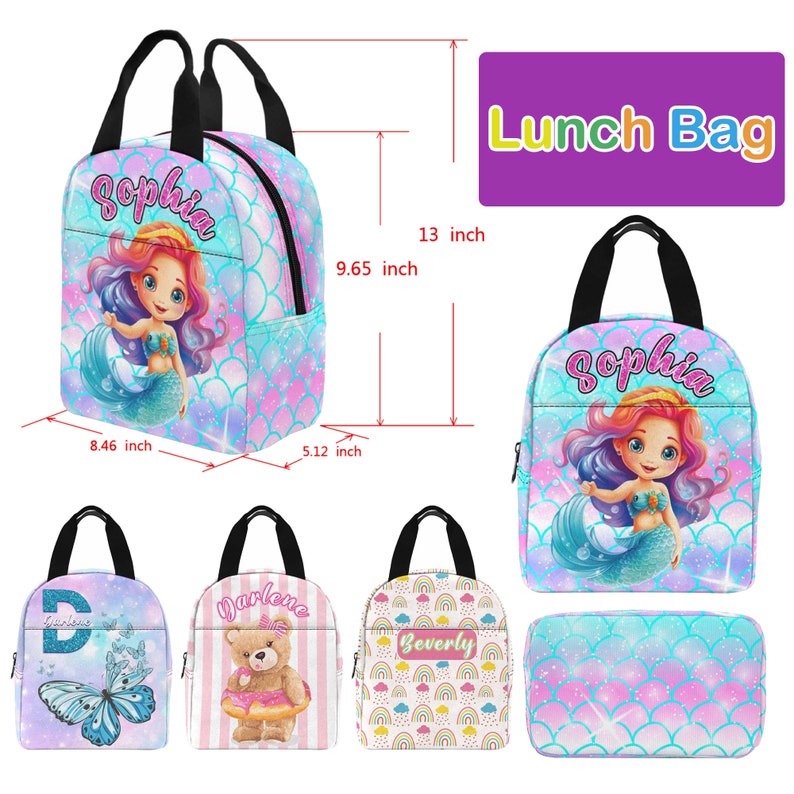 May include: A set of five personalized lunch bags featuring different designs. The bags are all pink and blue with a mermaid, butterfly, teddy bear, and rainbow designs. The bags are 9.65 inches tall and 8.46 inches wide.