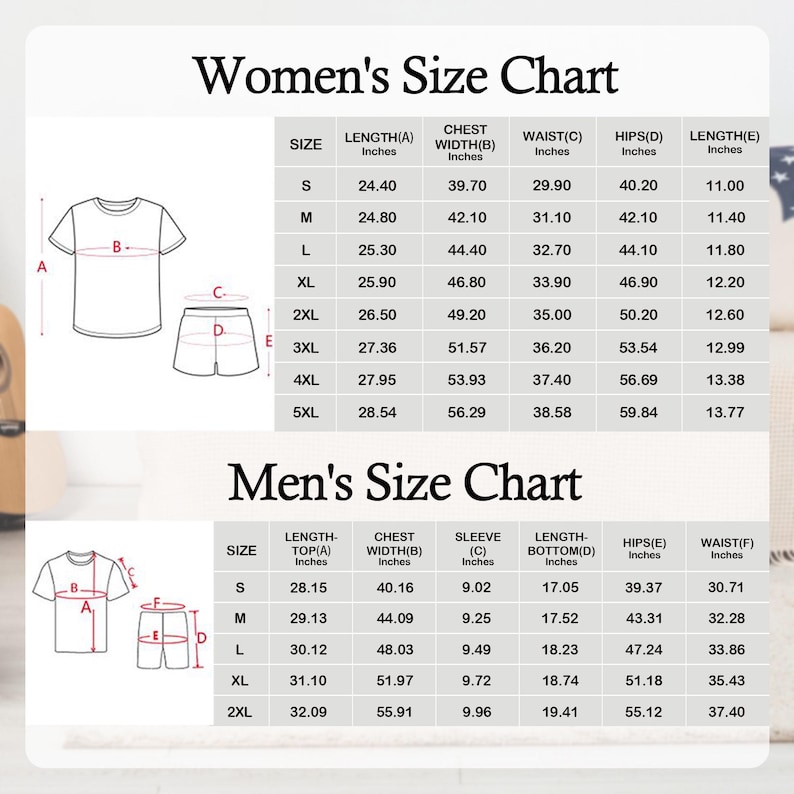 Pu&ograve; includere: Tabelle delle taglie di abbigliamento da donna e da uomo, con misure in pollici per lunghezza, petto, vita, fianchi e maniche. Include diagrammi di magliette e pantaloncini.
