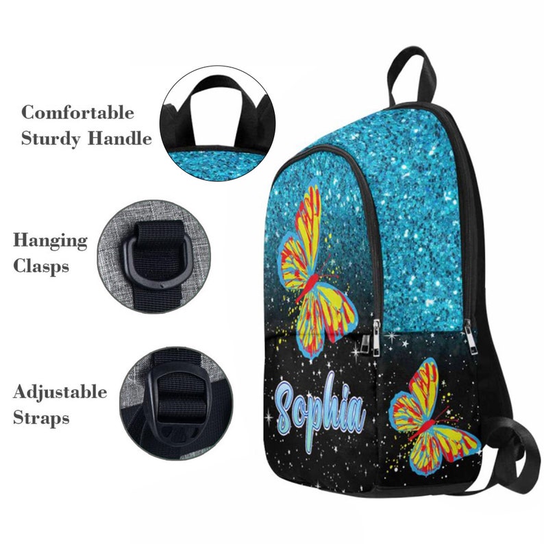 May include: A black backpack with a blue glitter design and two yellow butterflies. The backpack has a black handle and adjustable straps. The name "Sophia" is printed on the front of the backpack.