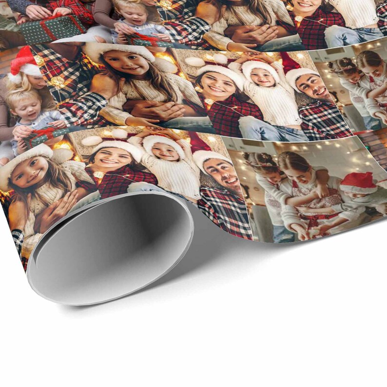 May include: A festive Christmas wrapping paper design featuring a collage of photos of a family wearing Santa hats and smiling. The paper has a red and black plaid pattern.