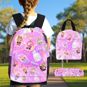 Personalized Cute Monster Schoolbag for Kid,Custom Name Backpack,Custom Toddler Book Bag with Cup,Little Girl Name LabubuBackpack for School