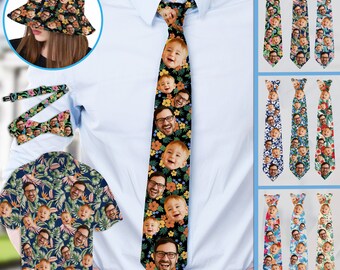 Men Hawaiian Shirts with Face,Men Hawaiian Tie,Custom Necktie,Face Tie,Flowers Tie,Aloha Shirt Gift for Dad,Personalized Vacation Hawaiian