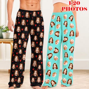 May include: Two pairs of pajama pants featuring custom photo prints of faces. One pair is black with red heart icons, and the other is light turquoise. The text 1-20 PHOTOS is visible in the upper right corner of the image.