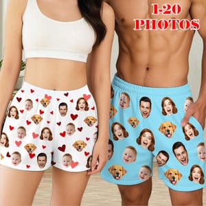 May include: White and light blue shorts with custom face and heart patterns. The shorts feature a repeating pattern of faces, hearts, and dog faces. The text "1-20 PHOTOS" is visible in the image.