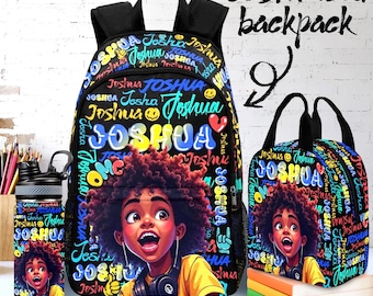 May include: A customized backpack set featuring a vibrant illustration of a person with headphones and the name "Joshua" in multiple colors. The set includes a backpack, lunch bag, and water bottle, all with the same design.