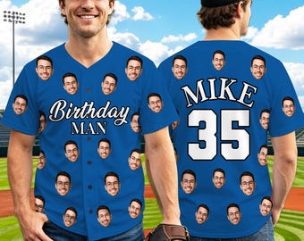 May include: A royal blue baseball jersey featuring a repeating pattern of a man's face with glasses. The front displays the text Birthday MAN in white script and block letters. The back features the name MIKE and the number 35 in white.