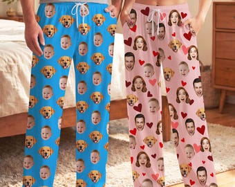 Custom  Face Drawstring Pajama Trousers,Personalized Photo PJS Pants, Gift for Family/Couple/Dog Lover/Birthday
