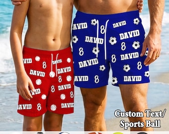 Personalized Father Son Matching Swim Trunks, Custom Face Sport Name Number Shorts