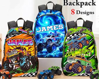 Custom Backpack for Boys,Personalized Name School Bag,Customized Monster Water Truck Bottle