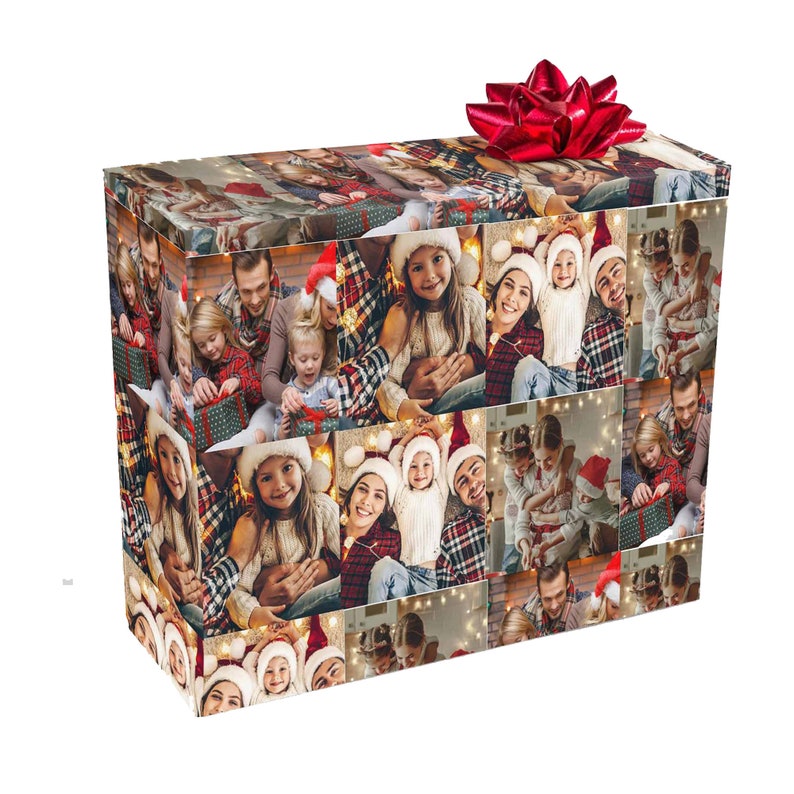 May include: A Christmas gift wrapping paper with a collage of family photos. The paper features a red and green plaid pattern and a variety of photos of people smiling and laughing.