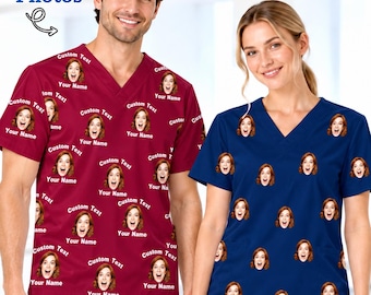 May include: Two V-neck scrub tops, one in maroon and one in navy blue, both featuring a repeating pattern of a person's face and the text "Custom Text Your Name". The maroon top includes the text "Add Your Photos" with an arrow graphic.