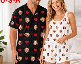 Custom Heart Printed Sleepwear with Photo, Personalized Face Pajamas Set, Photo Short Sleeve PJS
