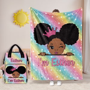 Black Girl Name Blanket,Personalized Black Baby Bag with Name,Baby Name Diaper Dag,Mermaid Rainbow Backpack for Girl,Princess Diaper Bag