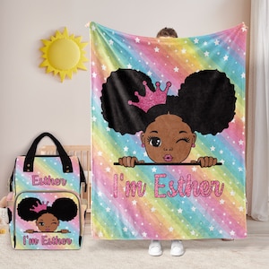 Black Girl Name Blanket,Personalized Black Baby Bag with Name,Baby Name Diaper Dag,Mermaid Rainbow Backpack for Girl,Princess Diaper Bag