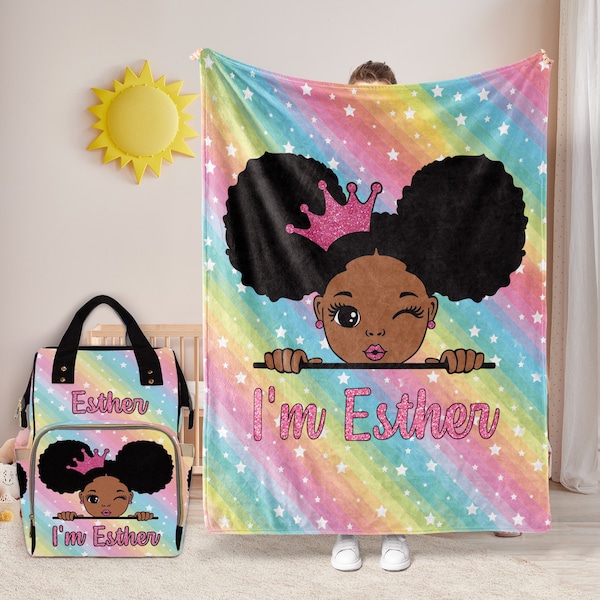 Black Girl Name Blanket,Personalized Black Baby Bag with Name,Baby Name Diaper Dag,Mermaid Rainbow Backpack for Girl,Princess Diaper Bag