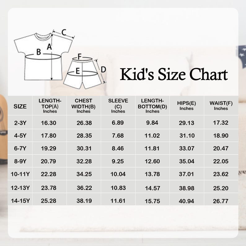 Pu&ograve; includere: Una tabella delle taglie per bambini in bianco e nero, con misure in pollici per top e pantaloncini. La tabella include taglie da 2-3Y a 14-15Y, con dettagli su lunghezza, larghezza del petto, manica, lunghezza inferiore, fianchi e vita.