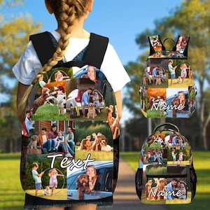 Könnte beinhalten: Schwarzer Rucksack mit einer Collage aus Familienfotos und Haustieren. Der Rucksack hat einen schwarzen oberen Teil und Träger. Auf der Vorderseite des Rucksacks steht das Wort "Text" in Weiß. Auf der Unterseite des Rucksacks steht das Wort "Name" in Weiß.