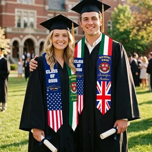 May include: Two graduates in black gowns and mortarboards, each with a personalized graduation sash. The sashes display "CLASS OF 2026" and the name "Jennifer Aniston", along with the American and British flags, and a school emblem. They hold diplomas.