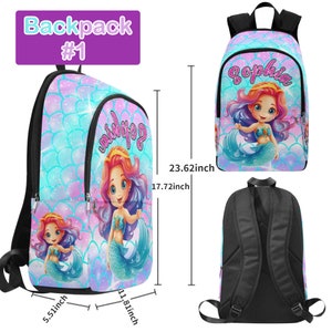 May include: A blue and pink mermaid-themed backpack with a personalized name "Sophia". The backpack has a large main compartment, a front pocket, and adjustable straps. It measures 11.81 inches wide, 17.72 inches tall, and 5.5 inches deep.